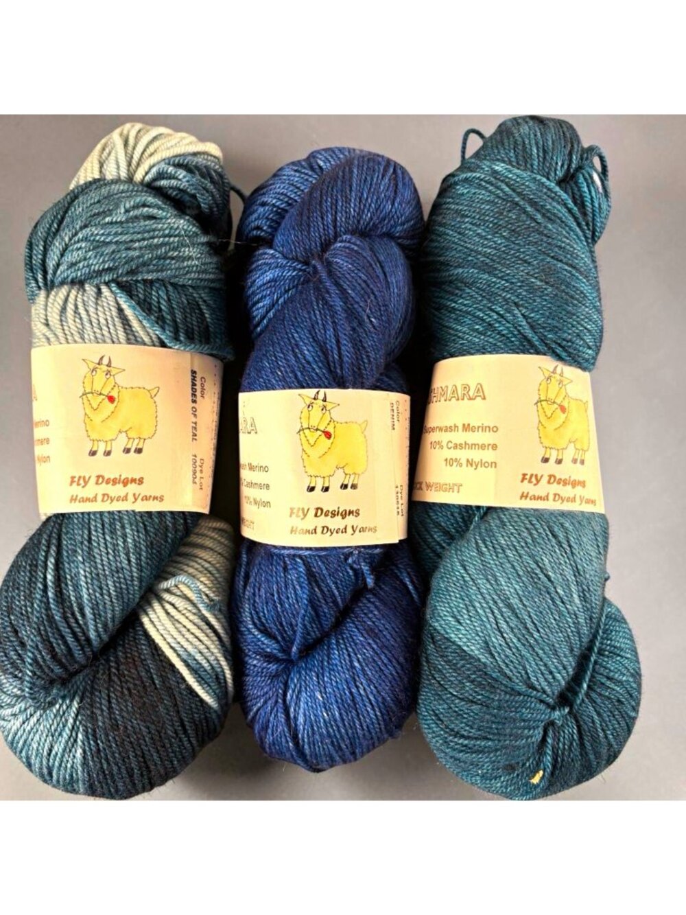 Fly Designs CASHMARA Hand Dyed SW Merino Cashmere Nylon Sport Yarn Lot 3 Teal